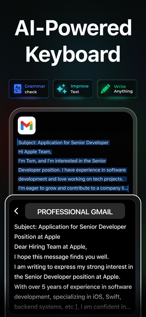 AI Chat: AI Assistant - An iPhone screen showing an AI keyboard feature converting a simple job application draft into a professional email in Gmail