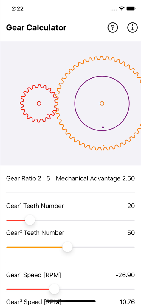 Gear Simulation & Calculation - Interface of the Gear Simulation and Calculation app showing two meshed gears and gear ratio settings.