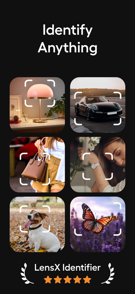 AI Lens & Identifier - AnyScan - A visual interface showing the AI Lens and Identifier app's ability to scan and identify various objects including a car, dog, butterfly, and accessories.