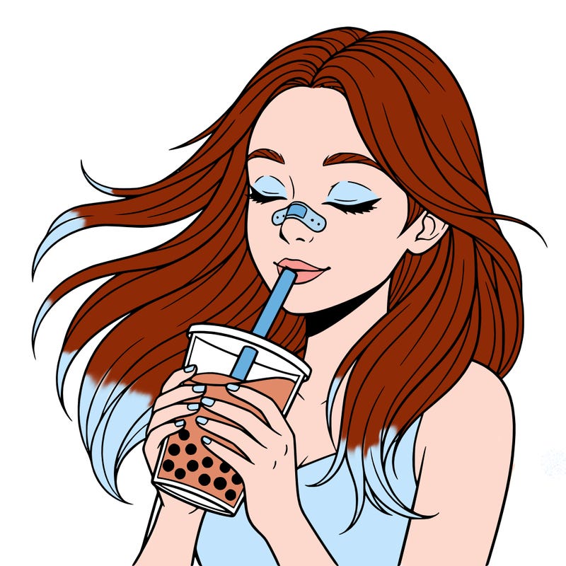 make a girl drinking boba tea with long hair and a bandage on her nose. make it a close up.