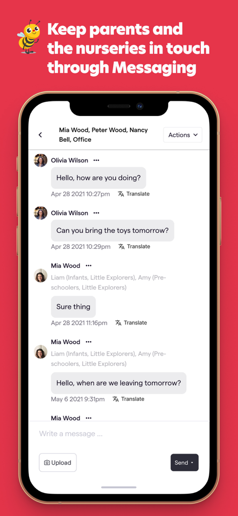 Busy Bees Childcare - Messaging interface of the Busy Bees Childcare app showing a conversation between parents and nursery staff