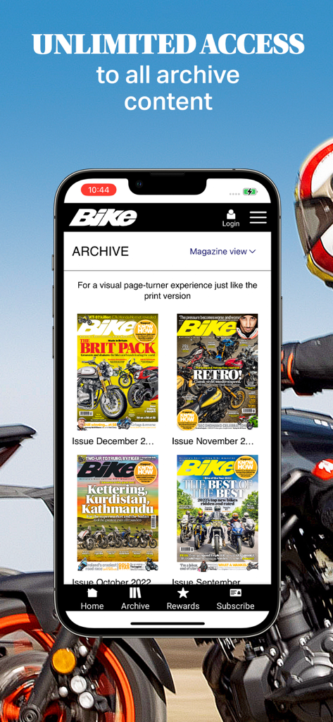Écran de smartphone affichant la section archives de l'application du magazine Bike avec plusieurs couvertures d'anciens numéros.