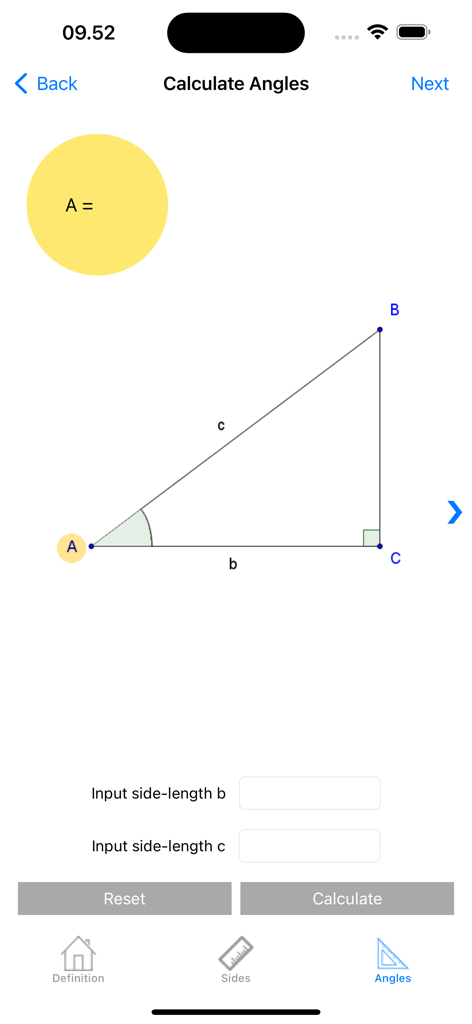 Trigonometry calculator app interface for calculating angles of a right triangle based on side lengths.