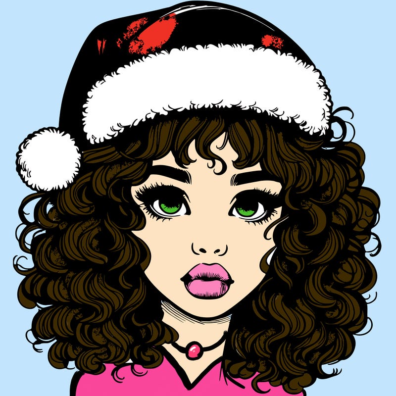 realistic girl with a santa hat curly hair and lips
