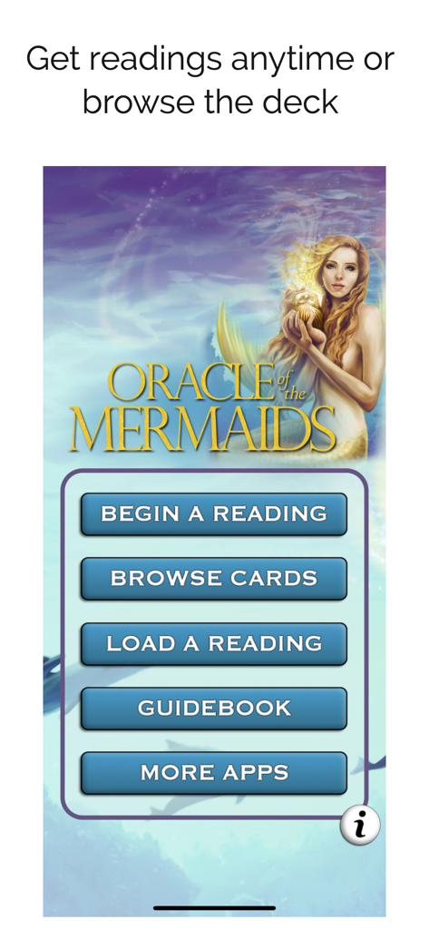 Oracle of the Mermaids - Oracle of the Mermaids app main menu with options for readings and card browsing featuring fantasy mermaid art