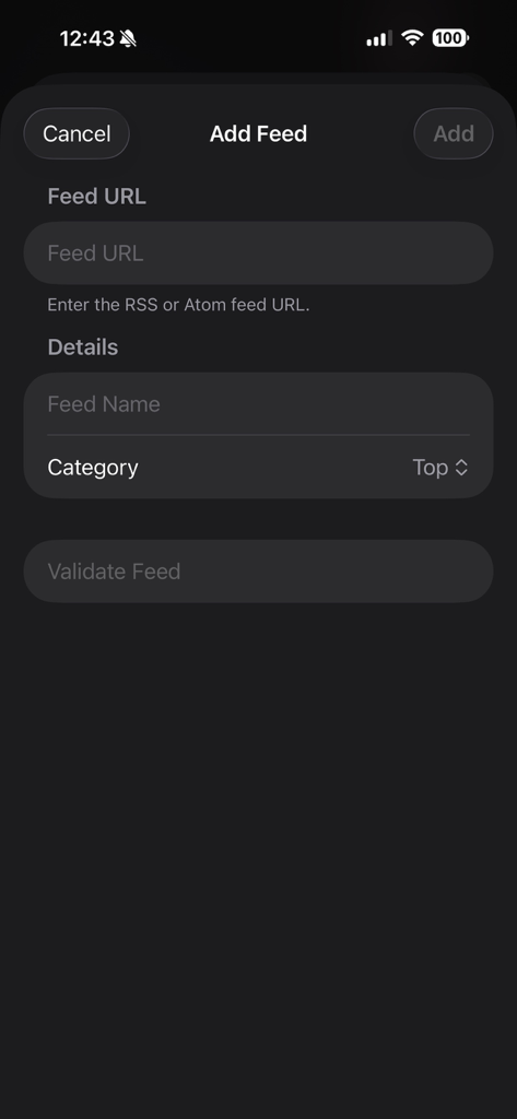 OpenWire RSS Reader - La pantalla de Añadir Feed en la aplicación OpenWire Lector RSS con campos para URL del Feed, Nombre del Feed y Categoría