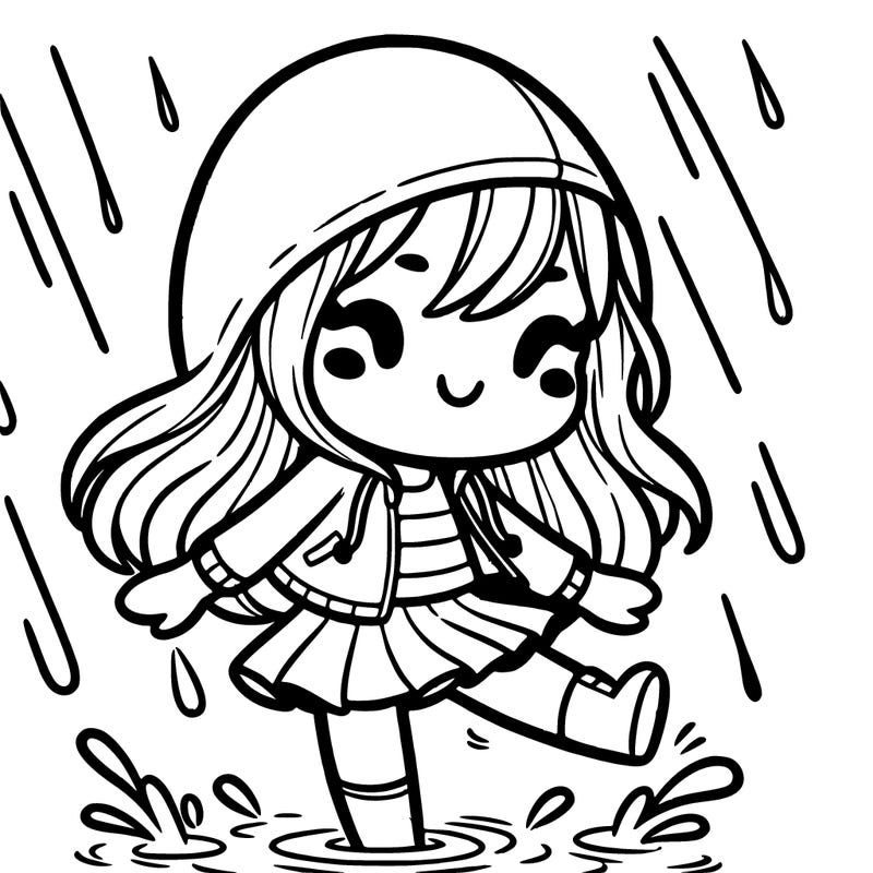 girl dancing in the rain with long hair and rain jacket
