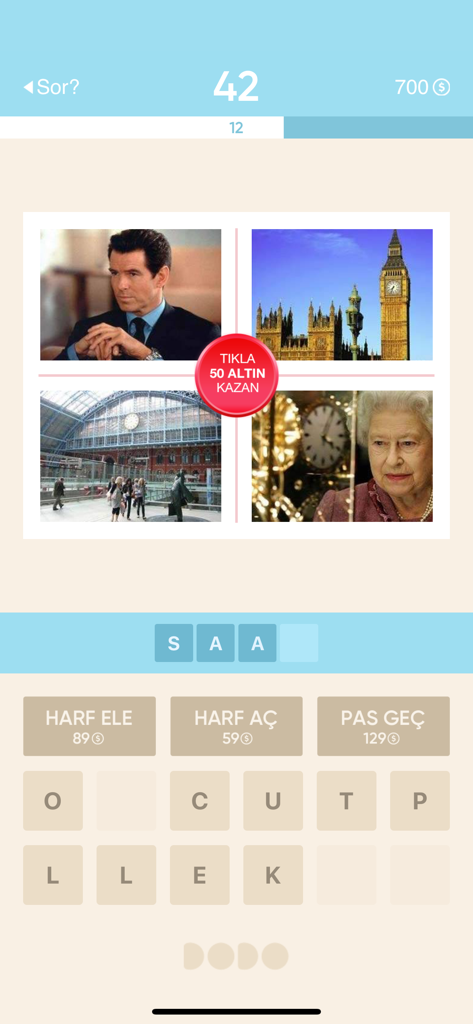 Resimli Kelime Bulmaca - Screenshot of Resimli Kelime Bulmaca game showing a four images one word puzzle with a letter selection grid
