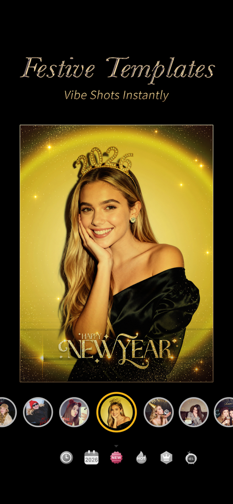 Interface de l'application Camera360 affichant un modèle photo festif de Bonne Année avec des effets de lumière dorée.