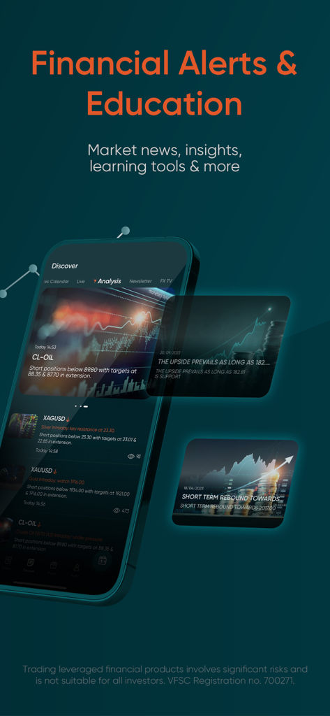 Interfaz de la app de trading de Vantage que muestra alertas financieras e información del mercado