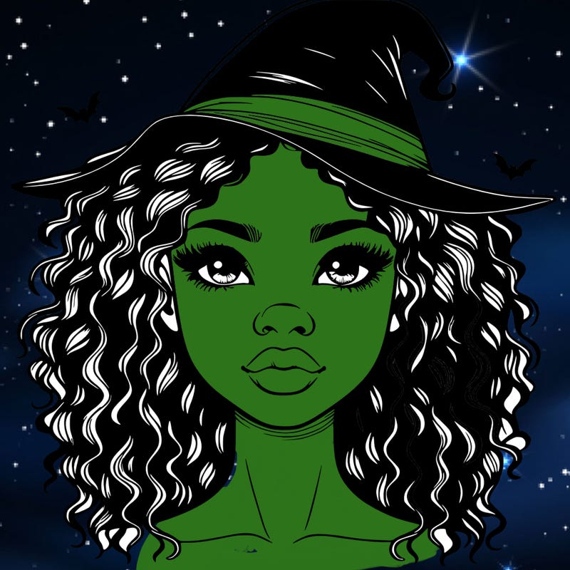 realistic black girl with wavy hair and witch hat and nose and lips