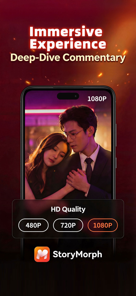 StoryMorph-Novels to Dramas - Pantalla de la aplicación StoryMorph mostrando un drama corto en alta definición con comentarios inmersivos