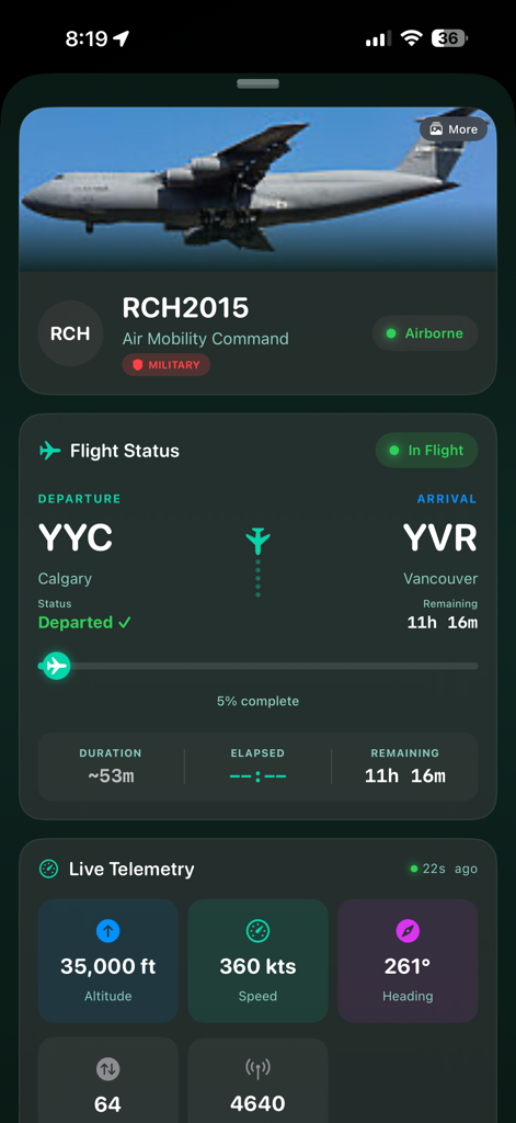 FlightTrackAI - Statut de vol en direct détaillé et données de télémétrie pour un avion militaire dans l'application FlightTrackAI