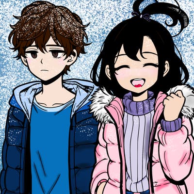 a 17 year old boy and girl the boy has short hair that is messy but not to messy and wearing a plain t shirt wearing a puffy jacket on top not smiling the girls hair is back in a ponytail with a ribbon in her hair wearing a sweater with a jacket on top smiling with eyes closed anime style