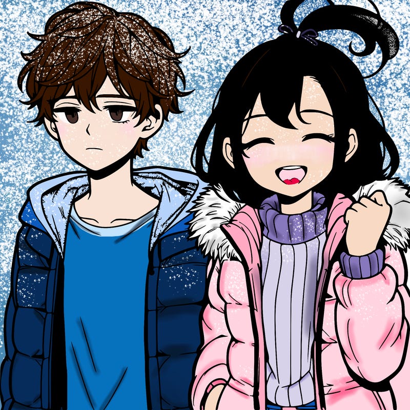 a 17 year old boy and girl the boy has short hair that is messy but not to messy and wearing a plain t shirt wearing a puffy jacket on top not smiling the girls hair is back in a ponytail with a ribbon in her hair wearing a sweater with a jacket on top smiling with eyes closed anime style