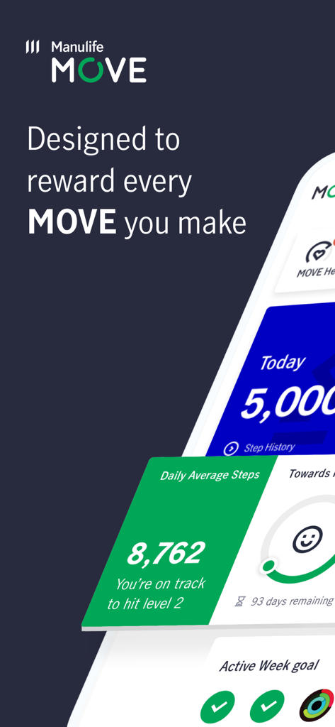 ManulifeMOVE - Startbildschirm der ManulifeMOVE-App mit täglichen Schritten und Belohnungen für den Gesundheitsfortschritt