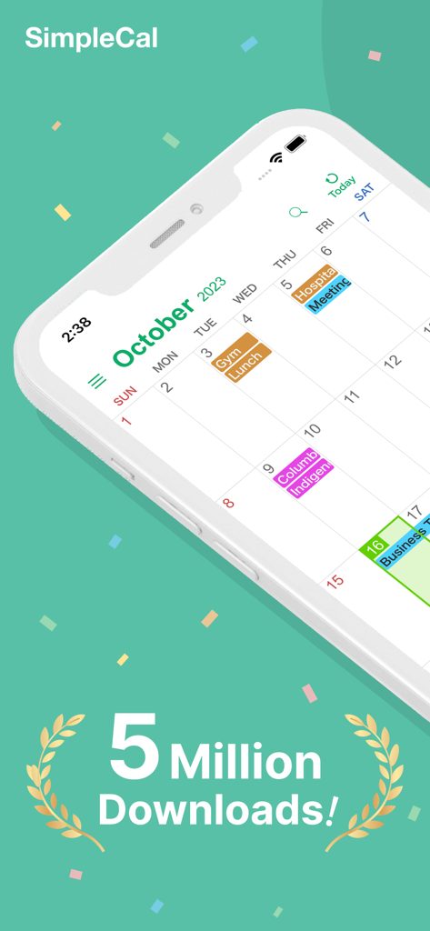 SimpleCal app interface showing a color-coded monthly calendar with a 5 million downloads badge.