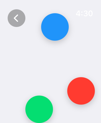 Apple Watch 인터페이스의 파란색, 빨간색, 녹색 원이 있는 간단한 색상 탭 미니게임