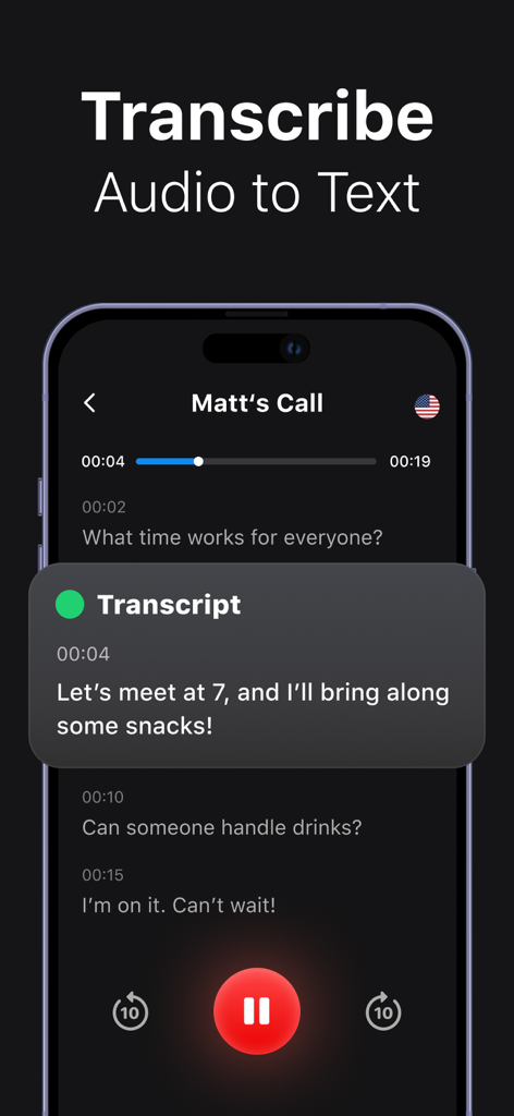 Voice Memos: AI Note Recorder - Pantalla de teléfono móvil que muestra la aplicación Voice Memos transcribiendo una llamada de voz a texto en tiempo real