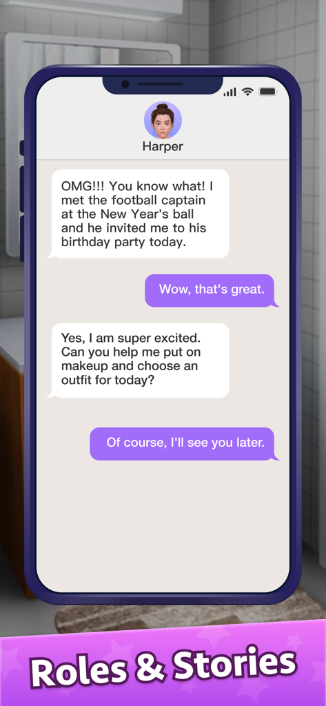 Makeover Artist-Makeup Games - Makeover Artistメイクアップゲームで、パーティーの招待状に関するキャラクター、Harperとのチャット会話を示すモバイル画面。