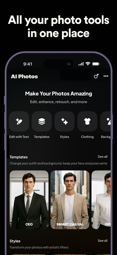 AI Photos - AI Photo Generator - AI Photos app interface showing professional headshot templates and editing tools for LinkedIn and social media