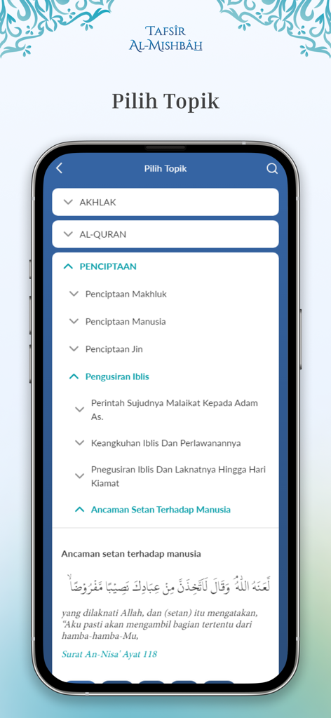 Tafsir Al-Misbah - Screenshot of the Tafsir Al-Misbah app showing a menu for choosing religious study topics like Akhlak and Creation.