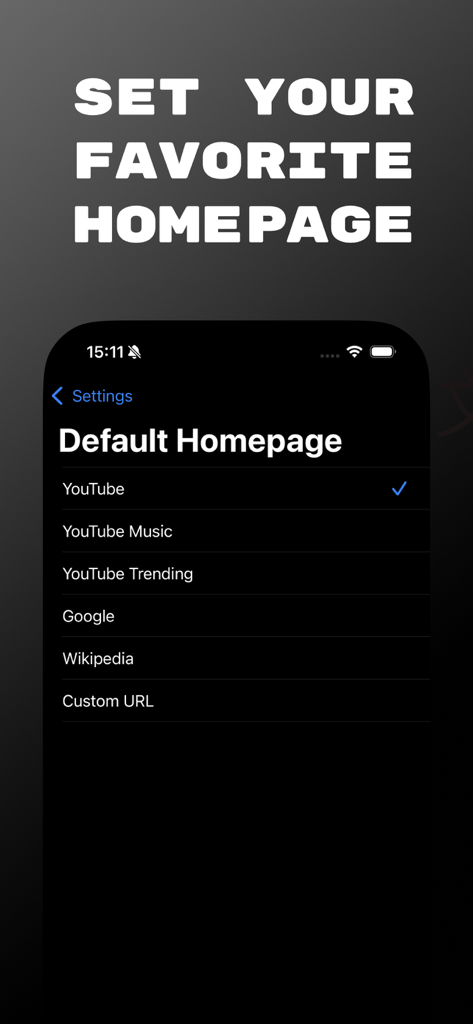 Music Player: Offline & Stream - Music player app settings screen showing options to set a default homepage like YouTube or Google