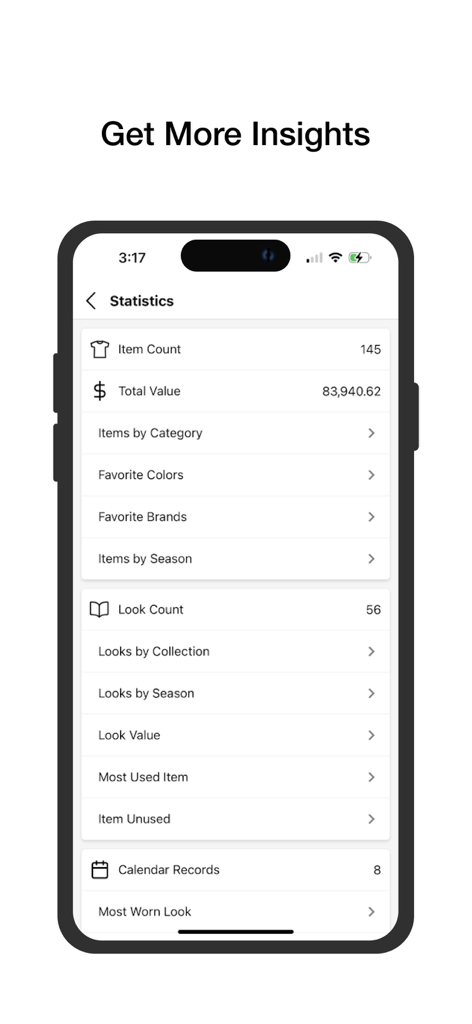 A smartphone screenshot displaying the Smart Closet app statistics page with wardrobe value and item count data