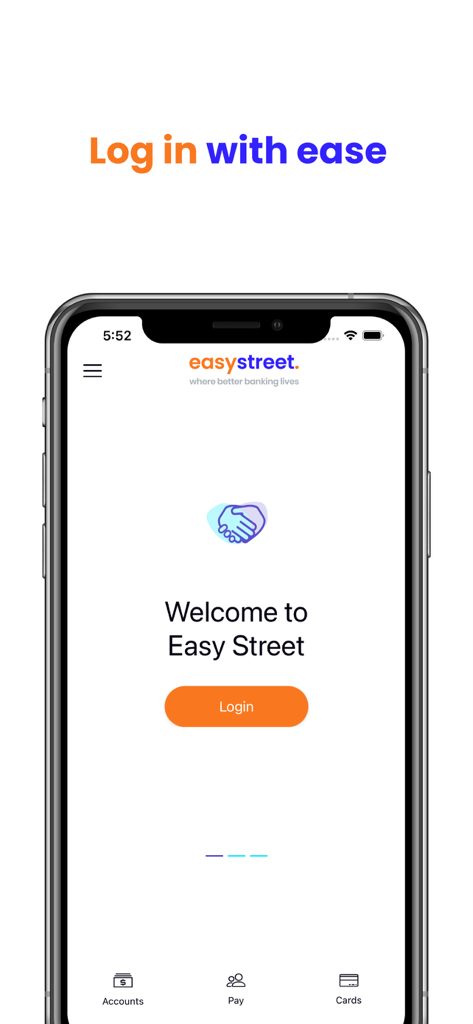 Easy Street - Easy Street mobile banking app login screen on iPhone featuring a welcome message and login button