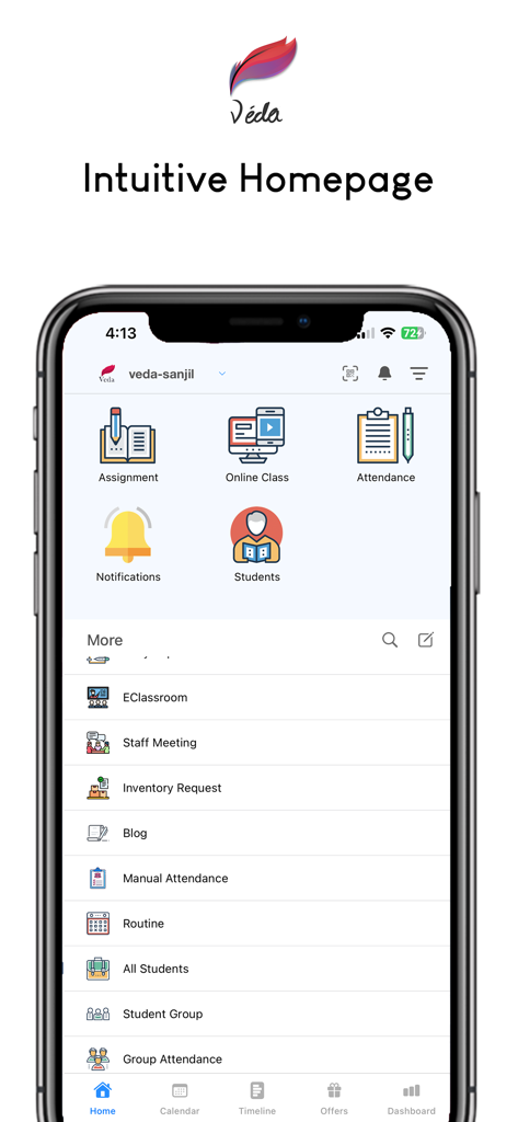 Veda Guru Teachers App dashboard showing school management features like attendance, assignments, and online classes