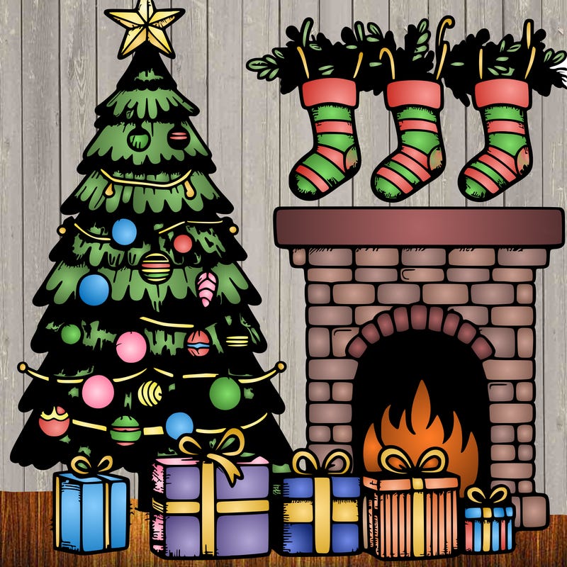 a christmas tree with ornaments and a big star on top of the tree and gifts underneath the tree and next to the tree is a chimney thing and there are stockings with random names on it.