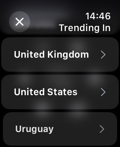 WristTube+ Player for YouTube - Region selection screen for trending YouTube videos on Apple Watch