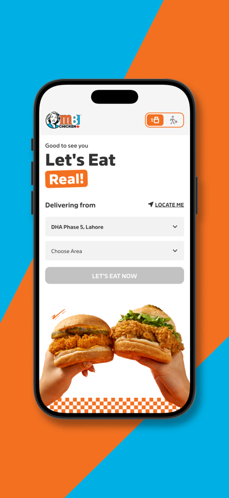 Mary Brown's Chicken - Mary Browns Chicken mobile app home screen featuring the Let's Eat Real slogan and fried chicken sandwiches