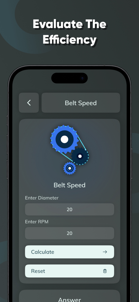Pulley & Belt calculator - Mobile app interface for calculating belt speed with fields for diameter and RPM