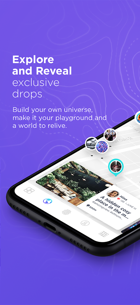 A smartphone screen displaying the drift-app map interface with user-created photo drops and the text Explore and Reveal exclusive drops.