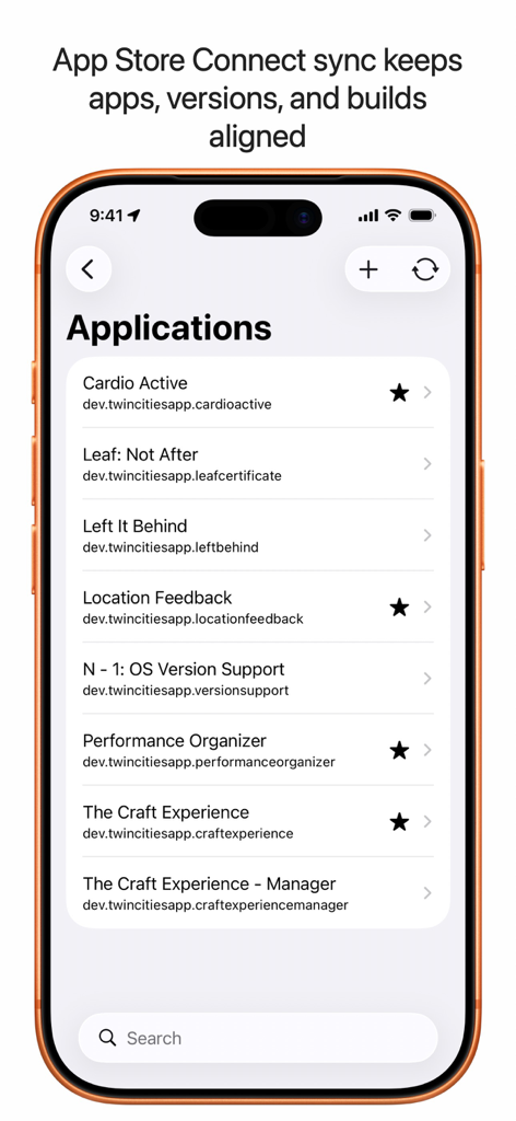 Performance Organizer - iPhone-Bildschirm mit einer Liste synchronisierter Entwickleranwendungen in Performance Organizer