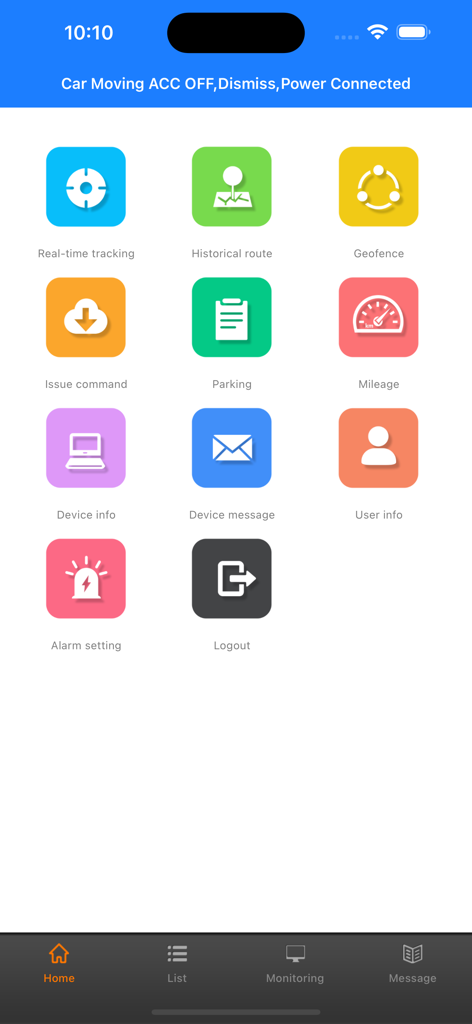 Interfaz del menú principal de la aplicación AKSH GPS que muestra iconos de funciones como rastreo en tiempo real, geovalla y configuración de alarmas
