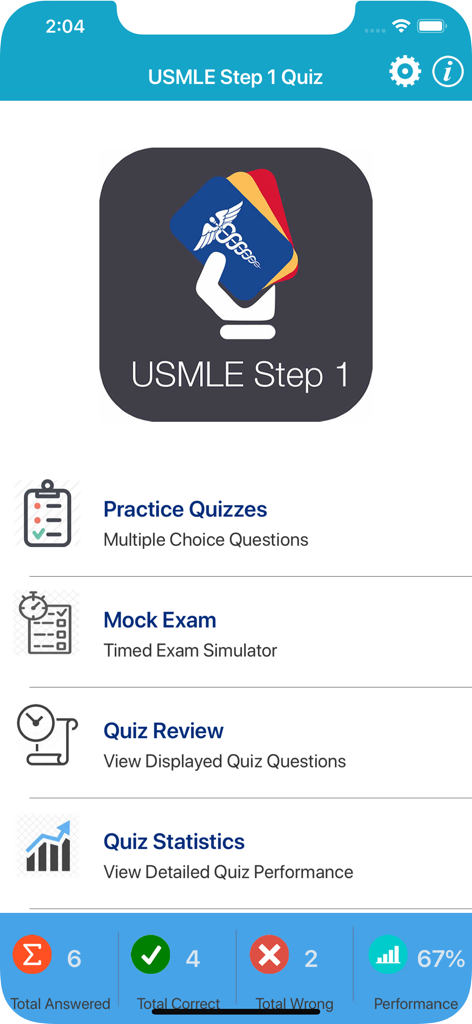 Main dashboard of the USMLE Step 1 Practice Questions app featuring options for practice quizzes and mock exams