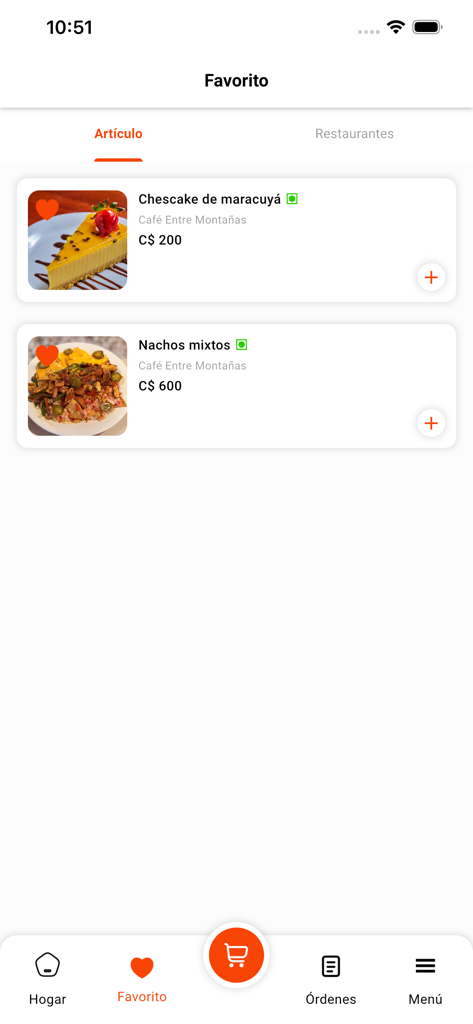 Pide Fácil - Pide Facil app screen displaying a list of favorite food items including cheesecake and nachos