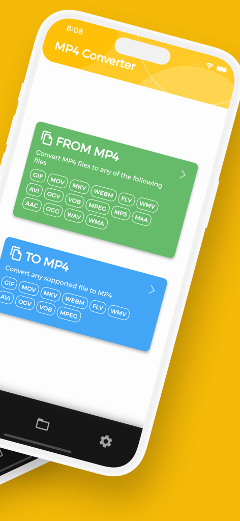 Pantalla principal de la aplicación MP4 Converter mostrando opciones de conversión de formato de archivo de MP4 a y desde MP4