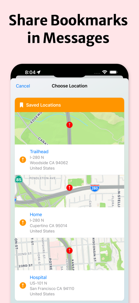 Interfaz de la aplicación Address Finder que muestra una lista de ubicaciones guardadas como punto de partida y hogar para compartir a través de mensajes.