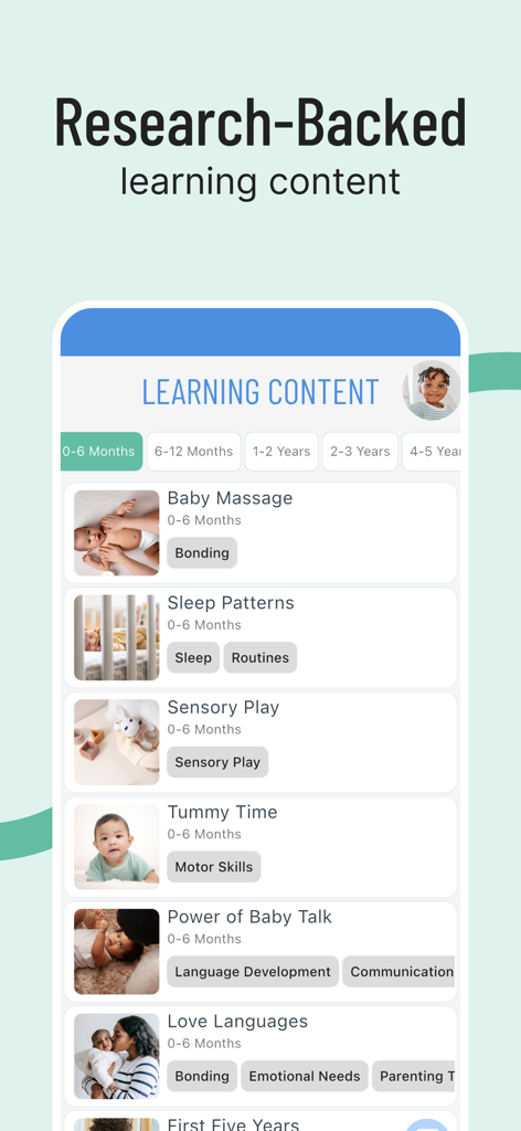 Screenshot der Inspired Minds App, der forschungsbasierte Lernthemen für die kindliche Entwicklung nach Alter kategorisiert anzeigt.