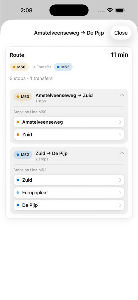 Planificador de rutas del metro de Ámsterdam que muestra direcciones de Amstelveenseweg a De Pijp con un transbordo en la estación Zuid.