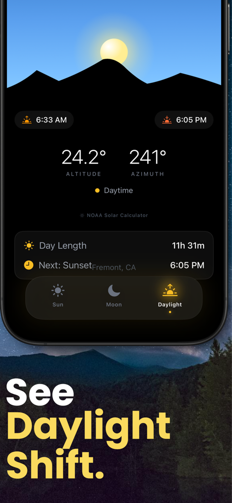 Solstix - Solstix mobile app displaying sun altitude, azimuth, and daylight tracking information with stylized graphics.