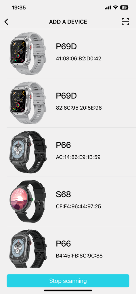 The HanFit app screen for scanning and adding a new smartwatch device.