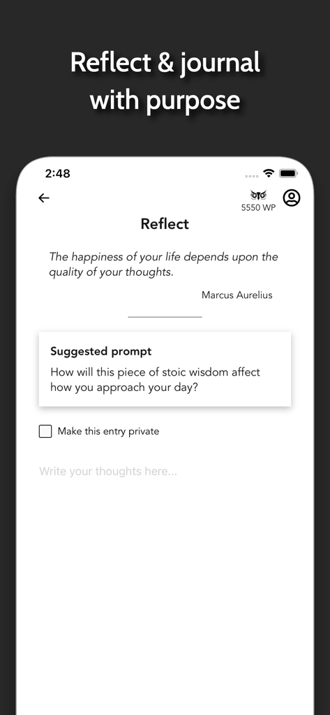 Daily Stoicism by Agora - A minimalist reflection screen in the Agora app featuring a Marcus Aurelius quote and a daily journaling prompt.