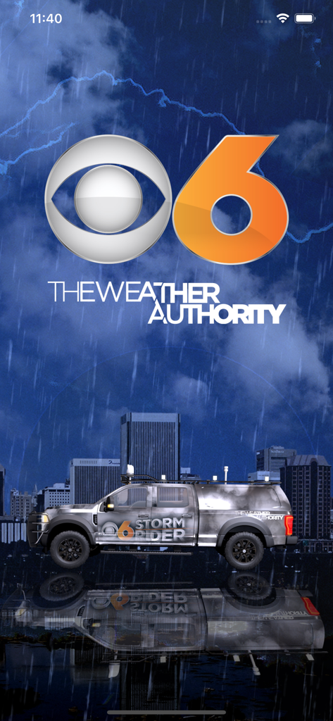 CBS 6 Richmond Weather app splash screen with the Storm Rider truck and Richmond skyline in a storm