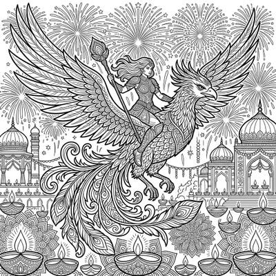 Experience the magic of Diwali with this stunning coloring page featuring a powerful Phoenix Rider. Intricate details of fireworks, shimmering diyas, and majestic architecture invite you to bring this festive fantasy scene to life.