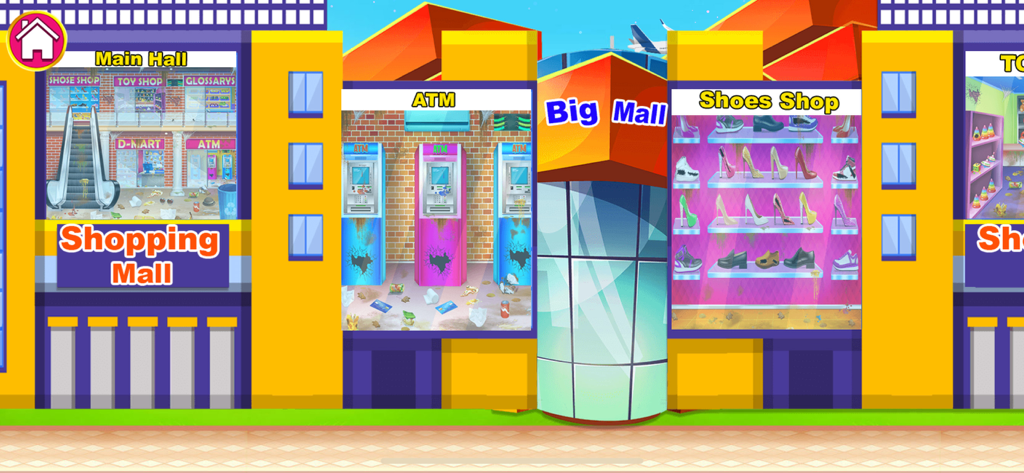 CleanUp City Clean House Game - A cartoon interface of a messy shopping mall featuring a main hall, ATM area, and shoe shop waiting to be cleaned.