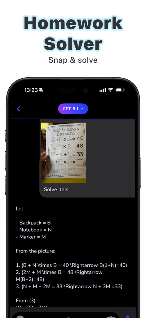 Ask AI Anything - Aido - Aido AI app interface showing a math homework solver feature with step-by-step equation analysis from a photo.